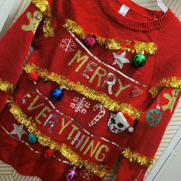 Merry Everything Cat Garland Tensel 3D Ornaments Ugly Christmas Sweater Slim Fit - Picture 2 of 3